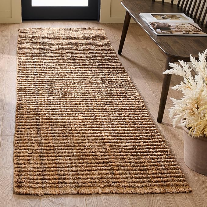 Collection Runner Rug - 2' x 8', Natural Brown, Handmade Jute, Farmhouse Style, Chunky Textured Thick Pile (NF447A)